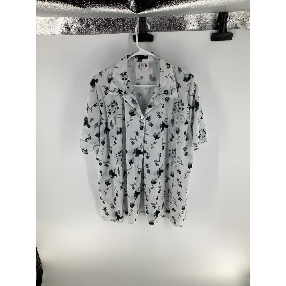 Laura Tyler Women's Short Sleeve Button Down Shirt Black White Floral